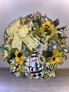 Bumble Bee Gnome Summer Yellow Deco Mesh Wreath. Handcrafted. New!! - Picture 1 of 3