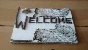 HANDMADE RUSTIC WOODEN WELCOME SIGN 14" X 9 1/2" MADE FROM BIRCH, PLYWOOD, TRIGS - Picture 1 of 1