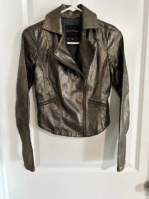 Rock & Republic Women's Gold Metallic Biker Moto Zip Jacket Sz XS Stretch Grunge - Image 1 of 4