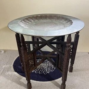 Vintage Indian Hand Carved Wooden Stand With Heavy Brass Engraved Tray F - Picture 1 of 24