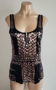 Bebe Large Black Copper Sequin Zipper Accent Sleeveless Tank Blouse - Picture 1 of 7