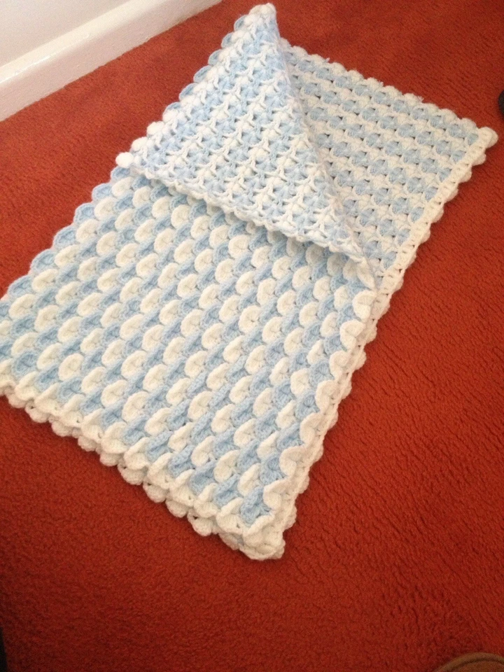Hand Made Crochet Shell Pattern Baby Crib Pram Blanket Blue & White Baby Boy - Image 1 of 1
