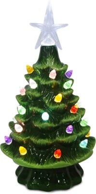 Christmas Is Forever 7.5" Ceramic Green Nostalgic Light Up Christmas Tree - Image 1 of 2