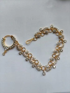 Crystal Nose Ring Indian Piercing Nath Fashion Jewelry Gold Plated With Chain - Picture 1 of 6