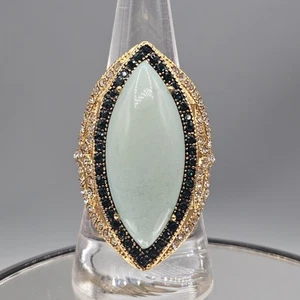 Jade Statement Ring Sz 9 Gold Tone Stainless Steel Crystal Accent Marquise Cab - Picture 1 of 14