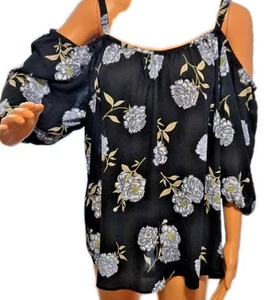 Blusa de hombro tórrido talla grande Georgette Cold Talla 1 Diseño Floral Negro Azul - Imagen 1 de 6