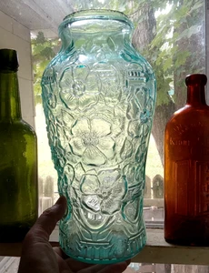 EARLY 1900 AQUA FLOWERS ON TRELLIS GOOFUS GLASS BLOWN PICKLE JAR GAYNOR GLASS NJ - Picture 1 of 13