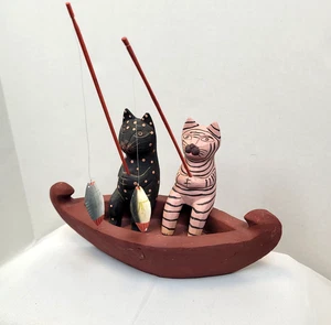 Vintage Whimsical Wooden Folk Art Cats Fishing In A Boat Hand Made & Painted - Picture 1 of 19