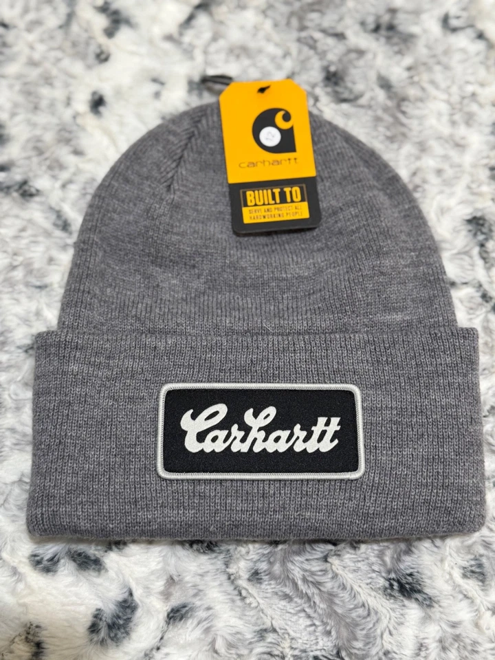Carhartt Men’s Knit Beanie Hat Gray Script Logo One Size Fits All