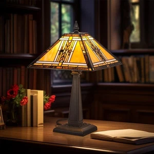 Tiffany Table Lamp Mission Stained Glass Table Light Antique Style Vintage - Picture 1 of 11