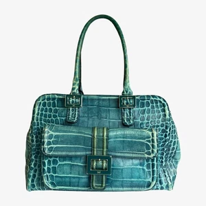 Vintage Y2K Anya Hindmarch Schultertasche blau Kroko-Prägung Leder, Krokodil - Bild 1 von 8