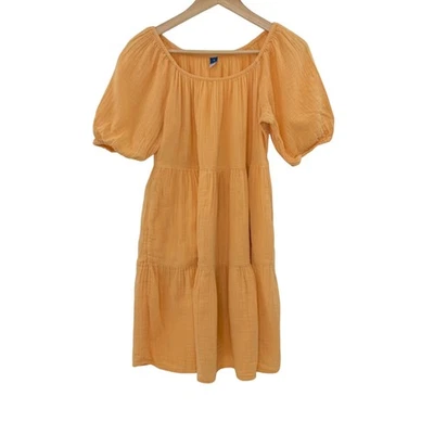 Old Navy Womens Dress Medium Orange Gauze Tiered Puff Sleeve Casual Summer - Image 1 of 4