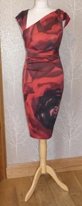 VESTIDO DE COLECCIÓN KAREN MILLEN ELÁSTICO SATINADO ROJO ROSA ESTAMPADO LÁPIZ ONDULANTE REINO UNIDO 14 - Imagen 1 de 10