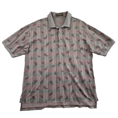Camisa polo masculina golfe Descente International Collection XL cinza vermelha paisley em excelente estado usado - Imagem 1 de 4
