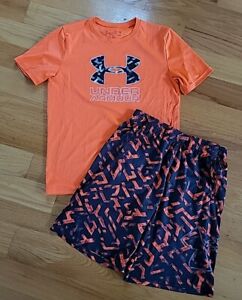 Boys Under Armour 2 Pc Athletic Outfit Set T Shirt Shorts Orange Black XL Lot