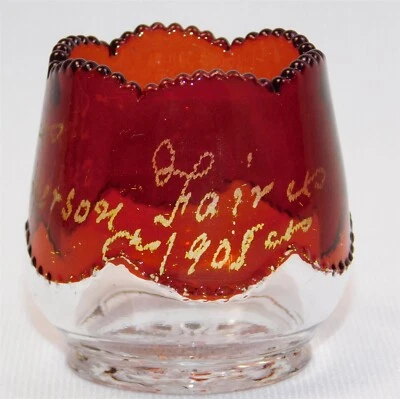1908 Jefferson Fair 2" Ruby Stained Etched Glass Souvenir Toothpick Holder IDA - Image 1 of 4