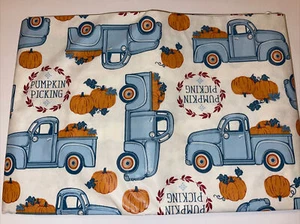New Rectangle PUMPKIN PICKING BLUE TRUCK 52x70 Vinyl Flannel Back Tablecloth - Picture 1 of 9