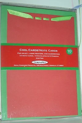 10 Count Pack Red Green Ribbon Note CARDS ENVELOPES HOLIDAY Invitations PARTY - Image 1 of 2