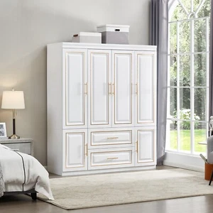 Freestanding Wooden Armoire Wardrobe Closet 4 Door w/ Drawers & Hanging Rail - Picture 1 of 8