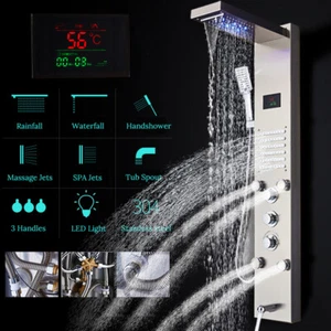 Wasserfall Duschpaneel System LED Handbrause Massagedüsen Gebürstetem Nickel - Bild 1 von 12