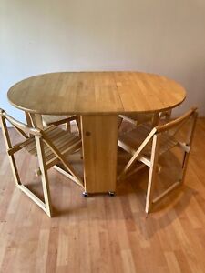 Folding Drop Leaf Butterfly Dining Table and 4 Chairs Solid Wood Used Good Cond