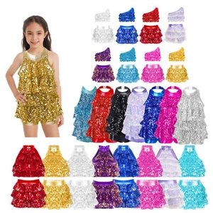UK Girls Sequins Tassel Hem Latin Dance Dress Leotard Jazz Dance Dresses Outfits - Picture 1 of 162
