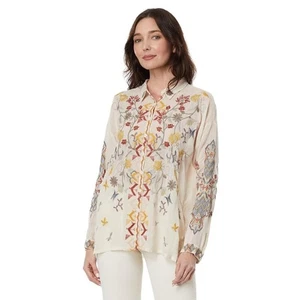 Blusa Johnny Was Girly Bordada Camisa Abotonada Marfil Floral Rayón S - Imagen 1 de 8