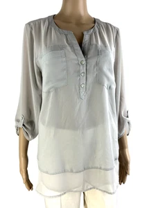 EXPRESS halbtransparentes Chiffon Top Shirt L hellgrau 3/4 Rollriegelärmel Lagenlook - Bild 1 von 18