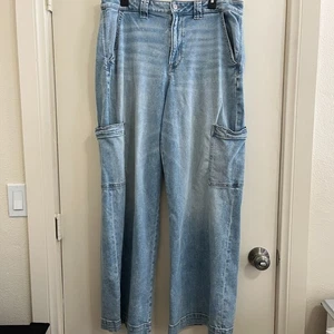 American Eagle Womens Cargo Jeans Sz 14 Baggy Wide Leg Carpenter Y2K Streetwear - Picture 1 of 10