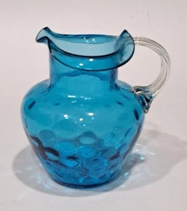 Antique New England Glass Inverted Thumbprint Blue Pitcher w/Ribbed Clear Handle - Picture 1 of 9