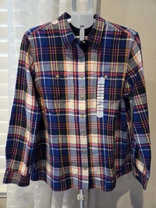 Duluth Trading Co Plaid Shirt Women's XL Free Swingin' Cotton Flannel Blue - Picture 1 of 7