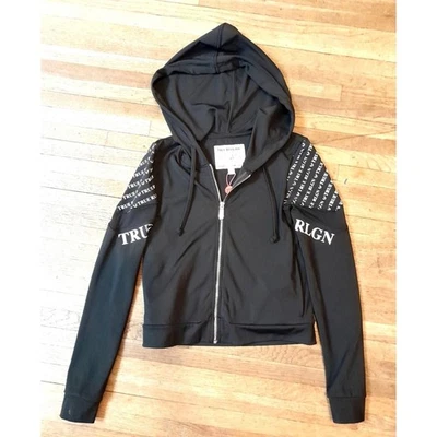 Chaqueta True Religion Y2K Mujer XS Monograma Gráfico Logo Con Capucha Dorado Cremallera Negra Foto 1 de 4