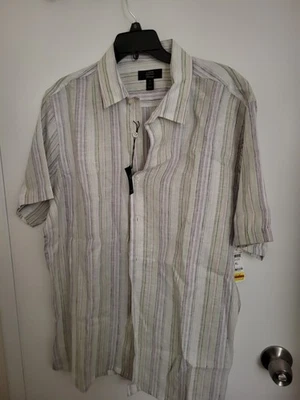 Camisa de manga corta a rayas de lino de lujo para hombre Club Room nueva con etiquetas - talla XL Foto 1 de 4