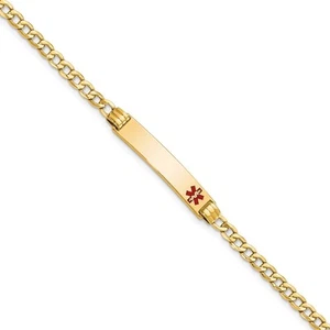 10K Yellow Gold Semi-Solid Medical Red Enamel Cuban Link ID Bracelet 7 Inch - Picture 1 of 4