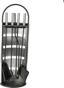 Kaminset mit Ständer, Bürste, Schaufelschaufel, Schürhaken, Zange, robuster Stahl, silber - Bild 1 von 12