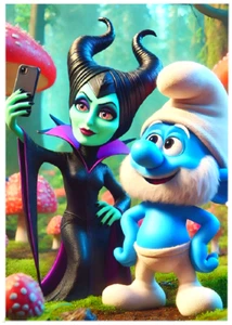 MALEFICENT & PAPA SCHLUMPF * Custom ACEO * Fun Novelty * SELFIES * Art Card * ATC - Bild 1 von 2