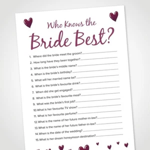 10 x Who Knows the Bride Best Cards Hen Party Games Quiz - Bridal Shower Wedding - Picture 1 of 12