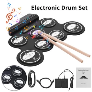 USB Roll-Up Silicon Electronic Drum Pad Portable Foldable Practice Kit & Pedal - Picture 1 of 16