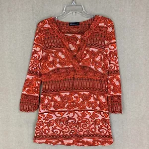 INC International Concepts Top M Womens Orange Paisley Tunic Split Neck Boho - Picture 1 of 11