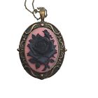 Black rose on red cameo necklace bronze tone 17", Pendant 2.5" 