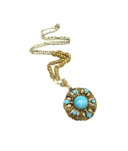 VTG Western Germany Gold Filigree Blue Turquoise Rhinestone 25" Pendant Necklace - Picture 1 of 8