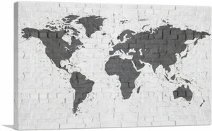 ARTCANVAS Dark Gray Printed White Brick World Map Globe Canvas Art Print - Picture 1 of 10