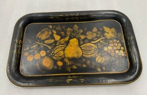 Toleware Painted Tray Black Gold Fruit Artist Signed Dated Merdiyan March 1947 - Picture 1 of 7
