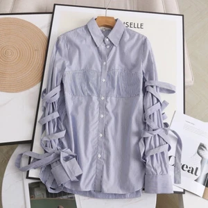 TIBI Blue Collared Strappy Wrap Button Up Shirt Size 4 Poplin Long Sleeve Work - Picture 1 of 21