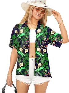 HAPPY BAY Hawaiian Shirts Womens Casual Summer Beach L Hibiscus, Blue - Picture 1 of 3