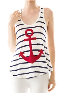 Elfenbein U-Ausschnitt Marine Streifen Rot Anker Ärmellos Strick Freizeit Tank Top S/M/L - Bild 1 von 5