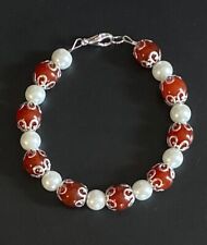 Strawberries and Cream Bracelet - red Carnelian, Austrian pearls, silver caps!