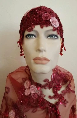 Merlot Gatsby 20's Waterfall Bead Sequin Lace Flapper Bridal Wedding Headpiece  - Image 1 of 4