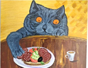 ORIGINAL Painting " FOOD BANDIT" IMPRESSIONISM COLLECTABLE British CAT UK Art - Picture 1 of 18
