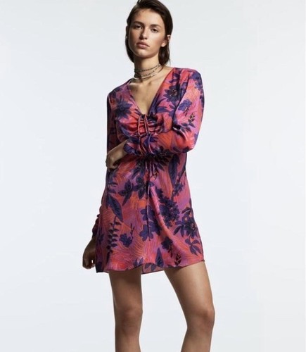 PALM ANGELS Zara Tropical Floreale Mini Abito XS Increspato Scollo a V Stampa Tramonto